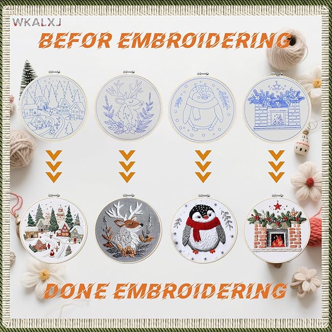 wkalxj 4 sets embroidery kits for beginners adults, cross stitch kits, needlepoint kits with instruction, video, needle point kits with resort penguin fireplace elk patterns (4 sets d)