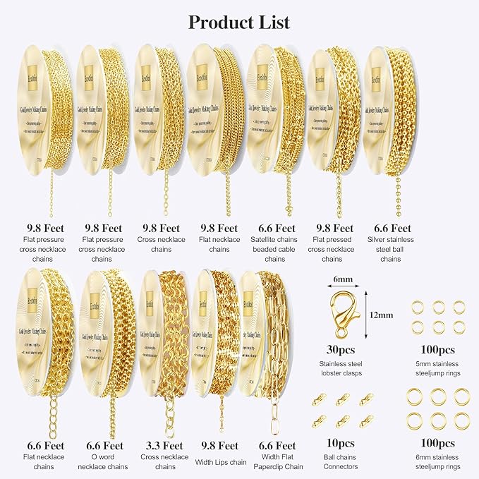 ecoofor gold necklace chains for jewelry making, 95.1 feet 12 rolls jewelry chains for diy necklace bracelet jewelry making with jump rings/lobster clasps/connectors