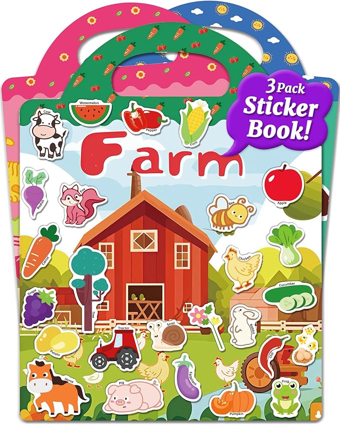 benresive reusable sticker books for kids, sticker books for toddlers, toddler travel toys activities crafts ages 3 and up birthday gifts - farm, animal and season