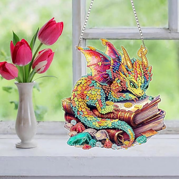 Auremi Dragon Diamond Art Hanging Kit for Adult, Special Shaped Rhinestone, DIY Acrylic 5D Book Diamond Painting Window Pendants Signs, Home Garden Wall Hanging Ornament