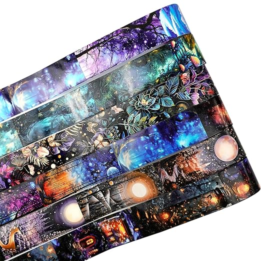 6 Rolls Fantasy Washi Tape Set – Non-Repeat Magical Forest and Galaxy Designs for Scrapbooking, Journaling, Planner, DIY Crafts with Storage Clip