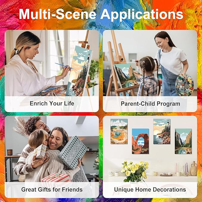 4 Pack Paint by Numbers for Adults with Framed Canvas - with Wooden Easel, National Park Paint by Number on Canvas, DIY Landscape Acrylic Oil Painting Kits with Brushes for Home Wall Decor (8x12 inch)