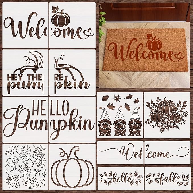 14 Pieces Fall Pumpkin Stencils for Doormat Painting Hello Pumpkin Welcome Maple Leaf Word Stencils Kit for Craft Thanksgiving Reusable Polyester Film Template with Open Ring for DIY Decor