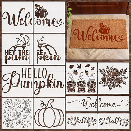 14 Pieces Fall Pumpkin Stencils for Doormat Painting Hello Pumpkin Welcome Maple Leaf Word Stencils Kit for Craft Thanksgiving Reusable Polyester Film Template with Open Ring for DIY Decor
