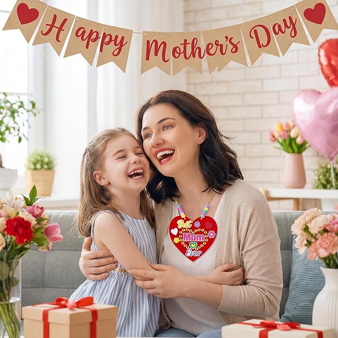 BeYumi Mom Necklace Craft Kit - 24Pcs Mother's Day DIY Foam Heart Best Mom Ever Necklace Making Kit With Gem Sticker DIY Thank You Craft for Kid Home School Classroom Family Party Favor Fun Activities