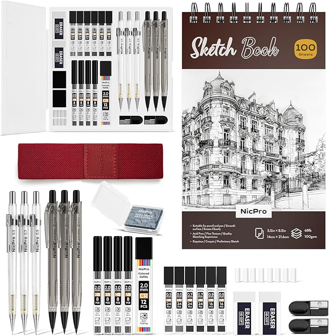Nicpro 26PCS Art Drawing Supplies Kit, Mechanical Pencils Set 0.5, 0.7, 0.9 & 2mm, 100 Sheets Sketch book, 172PCS Lead Refills, School Supplies Gifts for Artist Adults Teens Girls Boys Sketching
