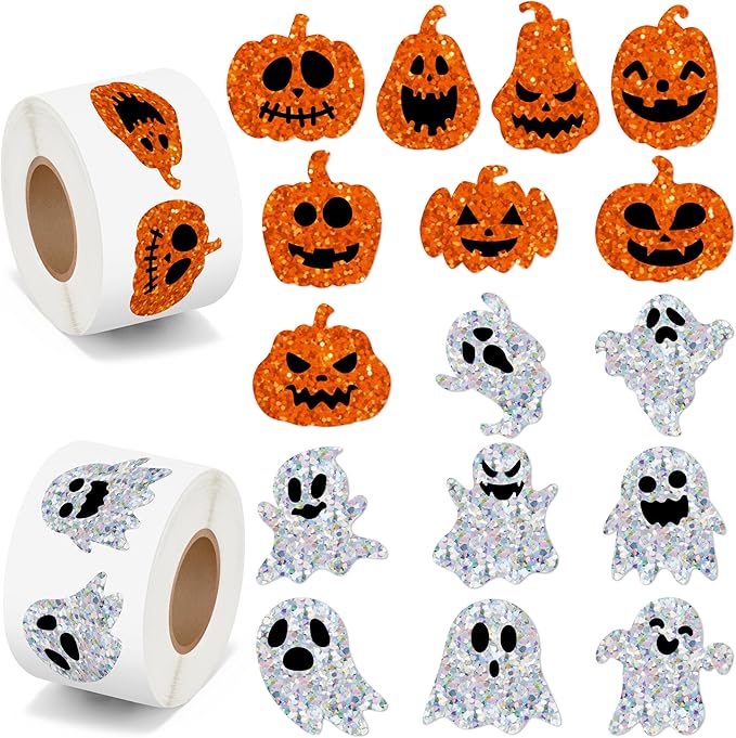 beyumi halloween pumpkin ghost stickers - 1000pcs halloween laser pumpkin ghost boo stickers in 2 rolls holographic sparkly glitter adhesive decals gift party school classroom envelope decor for kids