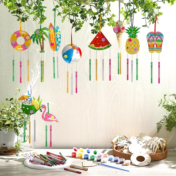 30 Pack Summer Wind Chime Making Kit for Adults Make Your Own Summer Wind Chime Beach Wooden Ornaments for DIY Crafts Activity Birthday Decoration