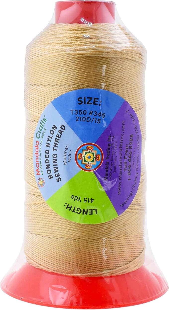 Mandala Crafts Size 346 210D T350 Bonded Nylon Thread - Tan 415 YDs Tex 350 Heavy Duty Sewing Threads for Leather, Jeans, Weaving, Outdoor Marine Upholstery