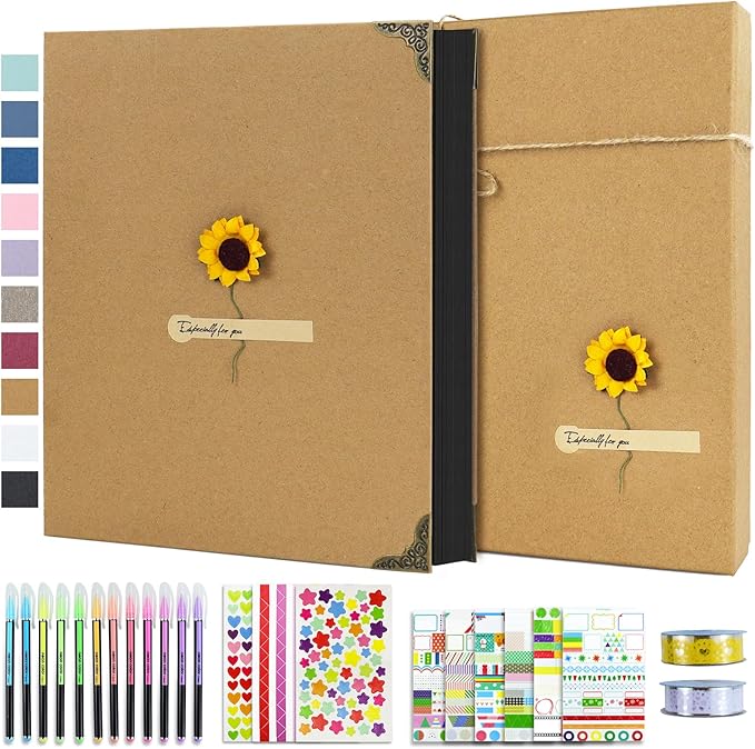 Vienrose DIY Scrapbook Photo Album Kit with Pens Tapes and Stickers 60 Pages Hardcover 8.5x11 Inches 3 Rings Removable Black Paper Scrapbooking for Lover Friends Kids Wedding Khaki