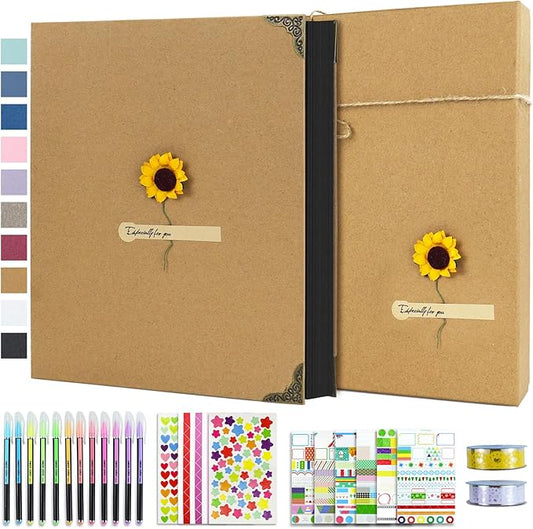 Vienrose DIY Scrapbook Photo Album Kit with Pens Tapes and Stickers 60 Pages Hardcover 8.5x11 Inches 3 Rings Removable Black Paper Scrapbooking for Lover Friends Kids Wedding Khaki