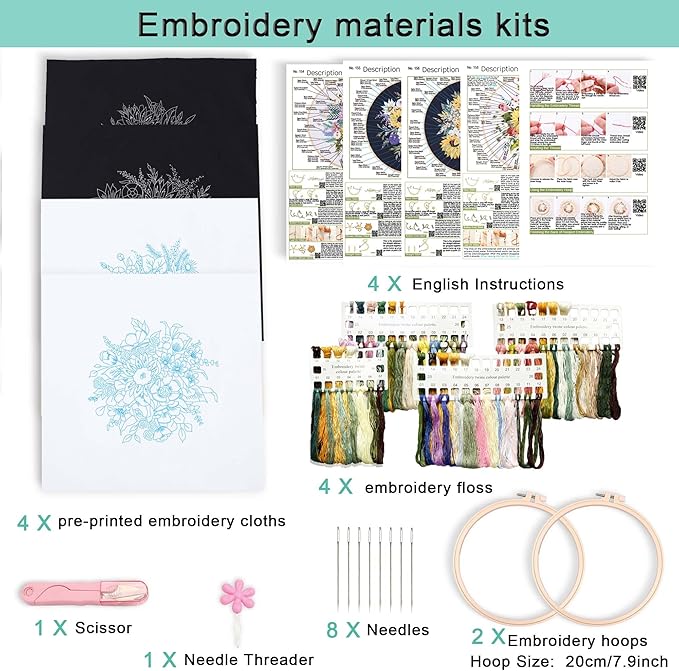 REEWISLY 4set Beginner Embroidery Kit for Adults, 4 Floral Patterns with 2 Hoops, Embroidery Starter Kit with Needles & Floss, Cross Stitch Kits for Beginners, DIY Craft Kit for Handmade Enthusiasts