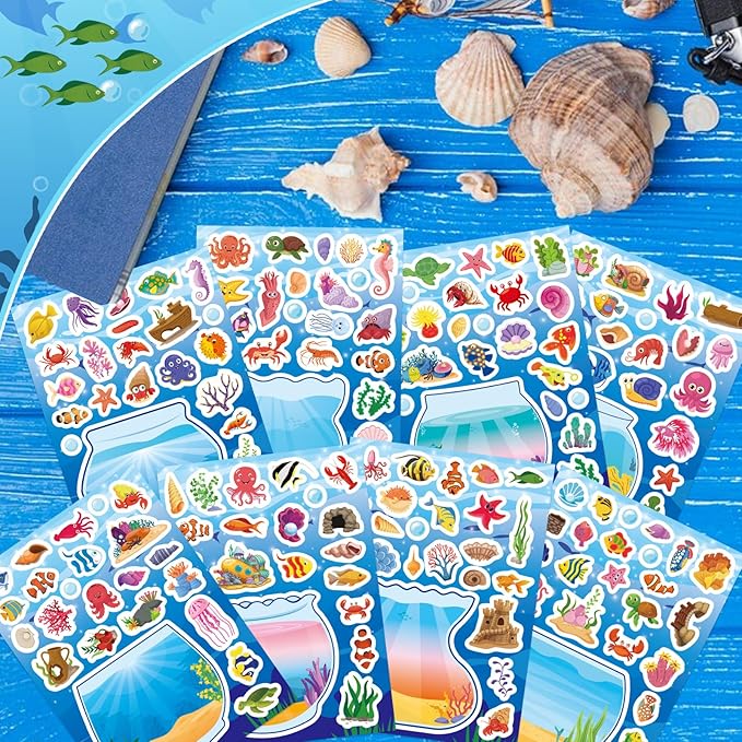 24 pcs ocean animal stickers, make a face sticker sheets for kids, make your own sea animal fish tank scene for kids summer party favors activities