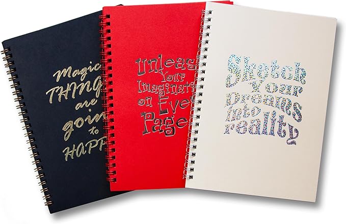 3 Pack Spiral Bound Sketchbook Set – A5 Sketch Pad 5.8” x 8.3” – Black, Cream & Red Paper, 50 Sheets Each – 100gsm Acid-Free Drawing Sketchbook for Sketching, Writing & Journaling