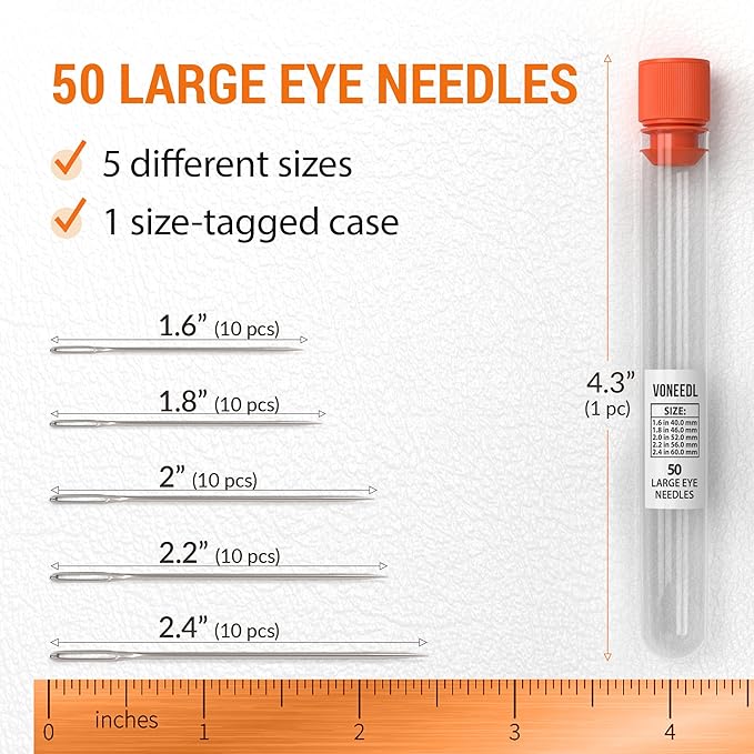 VONEEDL 50 Large Eye Heavy Duty Needles - 5 Sizes Easy to Thread Sharp Point Needles Perfect for Hand Sewing, Knitting, Crewel Darning, Crafting, and DIY