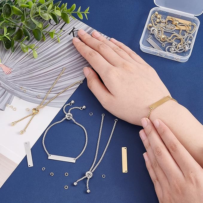 UNICRAFTALE 2 Colors 8Set Engravable Bracelets DIY Kit Including Rectangle Engravable Blank Tags Links Connectors 24cm 304 Stainless Steel Slider Bracelet 4mm Open Jump Rings for Bracelets Making