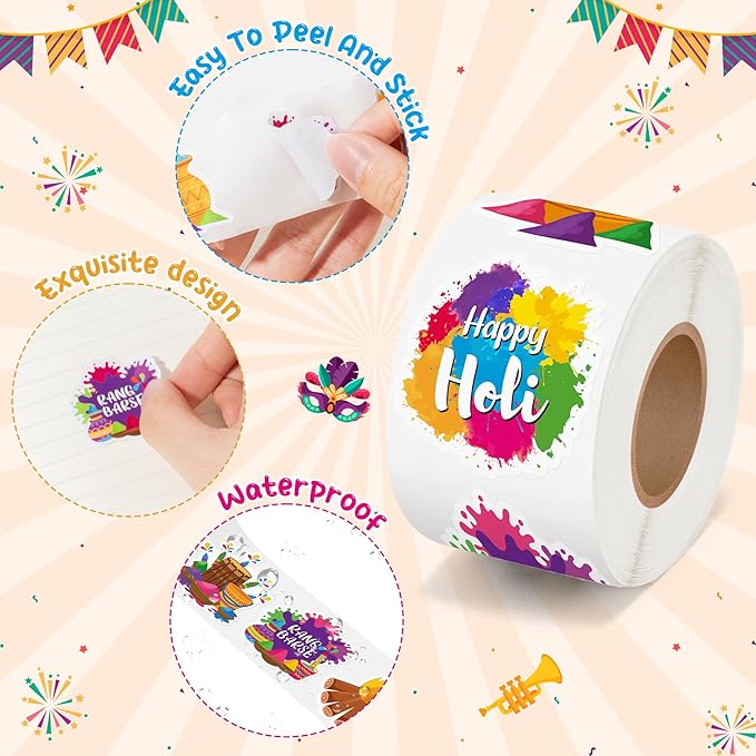 beyumi happy holi sticker roll - 1000pcs indian holi hai festival stickers in 2 rolls waterproof vinyl holiday celebration colorful decals gift festival party favors laptop bottle scrapbooking decor