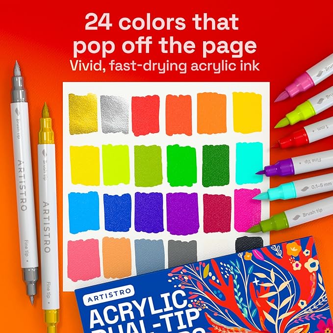 ARTISTRO 24 Acrylic Paint Markers - Paint Pens for Drawing, Brush + Fine Tips - For Fabric, Rock, Glass, Wood, DIY, Eggs - Art & Craft Supplies for Adults, Teens, Kids - Easter Basket Stuffers