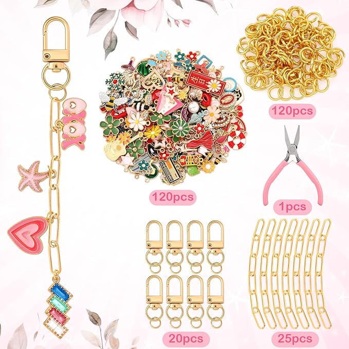 Tondiamo 286 Pcs Gold Keychain Making Kit Bulk Bag Charm Kit 120 Charms 20 Keychain Clips with Key Ring Swivel Snap Hook Lobster Claw Clasps 120 Jump Ring 25 Extender Chain Jewelry Plier DIY Craft