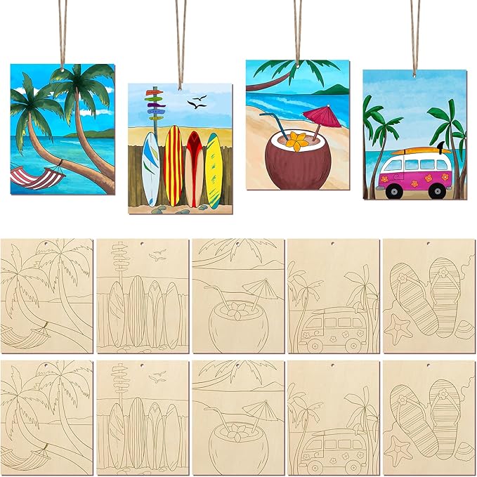 COCHIE 10 Pieces Large Summer Unfinished Wood Crafts to Paint for Adults, Bulk Predrilled Wooden Ornaments for Painting, Beach Paintable Wood Slices Craft Supplies with Ropes