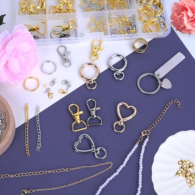 Prdingfy 579PCS Keychain Making Kit, Key Chain Supplies Including Keychain Clip, Key Rings, Lobster Claw Clasps, Jump Rings, Extender Chain,Pliers for Key Chain Making and Jewelry Making(Gold&Silver)