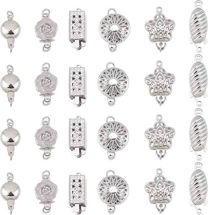 PH PandaHall 24 Sets 6 Style Filigree Box Clasps Filigree Pearl Clasps Platinum Plated Brass Single Strand Jewelry Clasps for DIY Pearl Necklace Bracelet Making