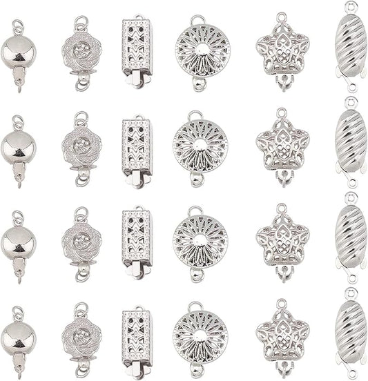 PH PandaHall 24 Sets 6 Style Filigree Box Clasps Filigree Pearl Clasps Platinum Plated Brass Single Strand Jewelry Clasps for DIY Pearl Necklace Bracelet Making