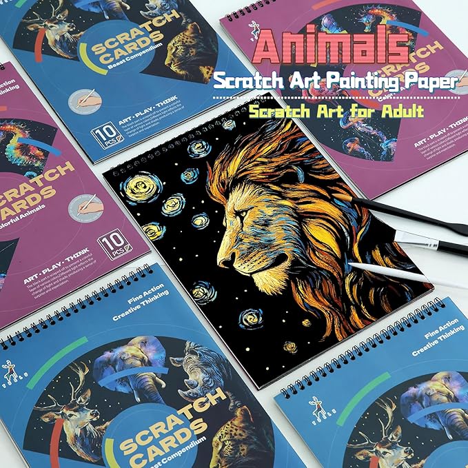 Animals Scratch Art Book for Adults-Colorful Animal Scratch Paper|Scratch Painting Paper Craft Kit|Creative Foil Engraving Scratch Art|Stress Relief Gift for Craft Lovers(Animal Series 2)