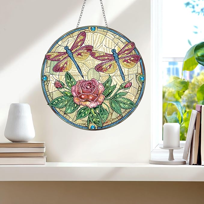 Wergund 5D DIY Dragonfly Diamond Art Hanging Kits, Hanging Diamond Art Rose, Acrylic Special Shaped Rhinestone, Window Hanging Pendants for Home Wall Garden Front Door Outdoor Decor Gift(Dragonfly)