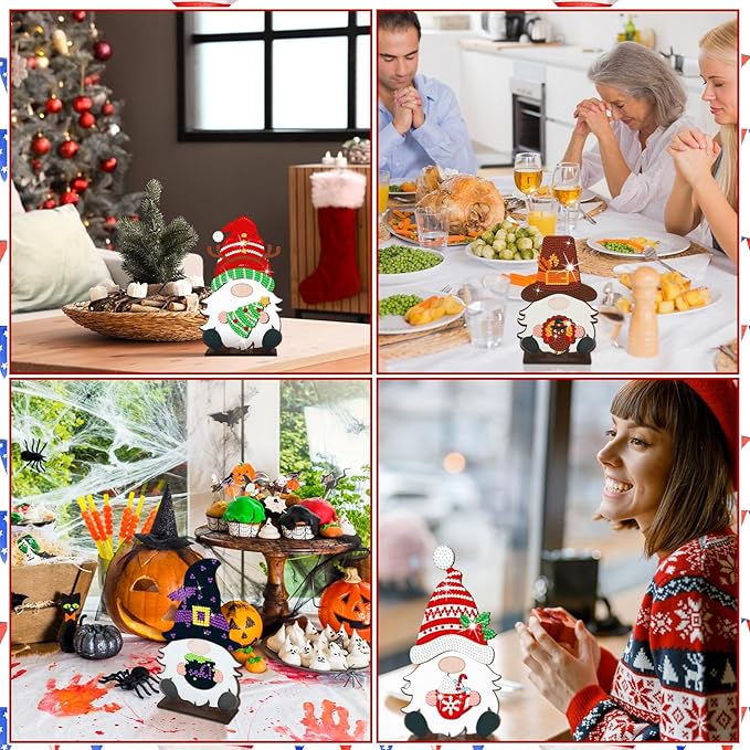 Juexica 32 Pcs Christmas Magnetic Diamond Painting Gnome Sign Art Decor Interchangeable Standing Posture DIY Seasonal Holiday Gifts Tiered Tray with Magnet Pieces for Home Office Desk(Classic)