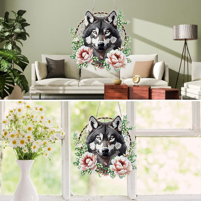 MXJSUA Dreamcatcher Wolf Flower Diamond Art Hanging Kits for Adults Beginners, DIY Acrylic Special Shaped Crystal Diamond Gem Drills Pendant Art Painting Ornament for Home Wall Decor Gift
