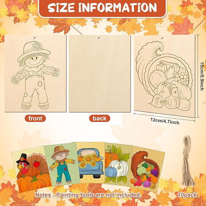 COCHIE 10PCS Large Thanksgiving Unfinished Wood Crafts to Paint for Adults, Bulk Predrilled Wooden Ornaments for Painting, Pumpkin Scarecrow Paintable Wood Slices Craft Supplies with Ropes