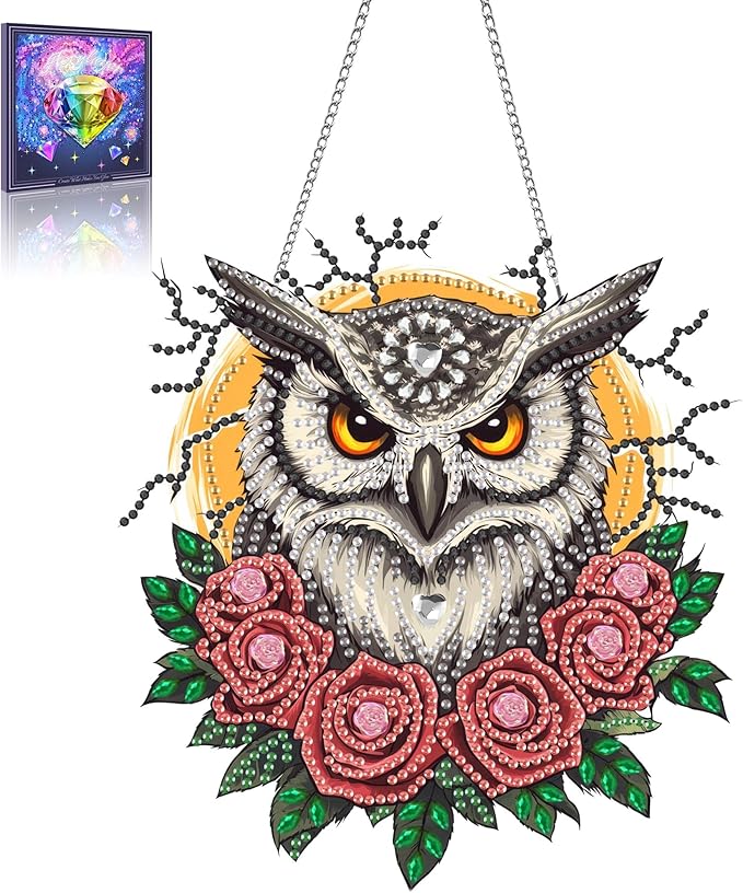 Wergund 5D DIY Owl Diamond Art Hanging Kits, Hanging Diamond Art Rose, Acrylic Special Shaped Rhinestone, Window Hanging Pendants for Home Wall Garden Front Door Outdoor Decor Gift(Owl)