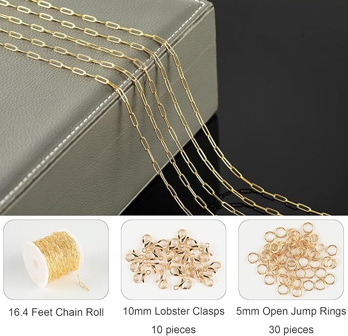 Jabogrii 16.4 Feet Embossed Paperclip Chain for Jewelry Making Gold Plated Brass Necklace Bracelet Chain Bulk Soldered Jewelry DIY Roll