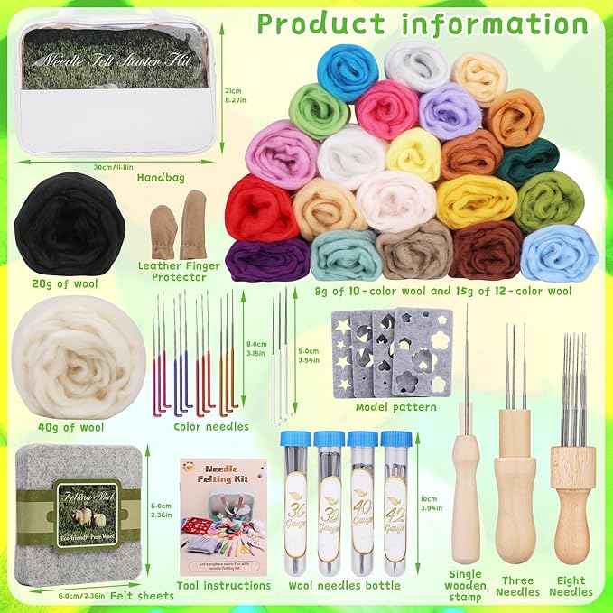 Mayboos Needle Felting Kit, 24 Colors Wool Roving Set, Felting Needles with Felting Tool and Foam Mat Needle Felting Kits for Beginners Adult DIY Arts and Craft