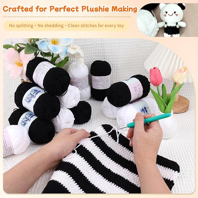 Skinny Chenille Yarn Pack - 12 Skeins (6 White + 6 Black, 1.76oz/50g Each, Total 1,896yd) – Fine Weight Matte Chenille Yarn for Crocheting – Soft CYC#2 for Baby Iteams, Plush Toys & Home Décor