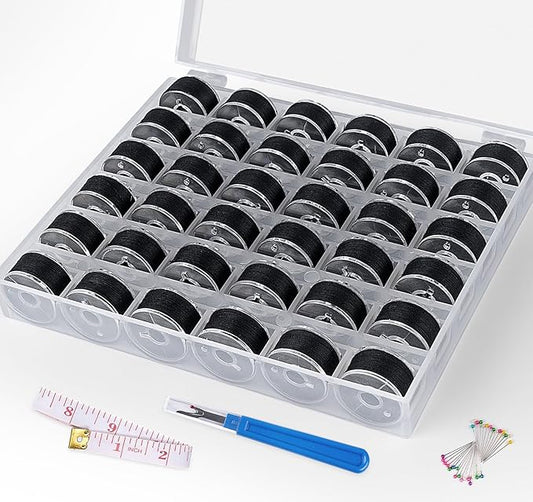 ilauke 36 pcs Black Bobbin Thread, Size A Prewound Sewing Thread Bobbins with Clear Storage Plastic Case Box Compatible with Brother Singer Embroidery BabyLock Janome Singer, 60WT