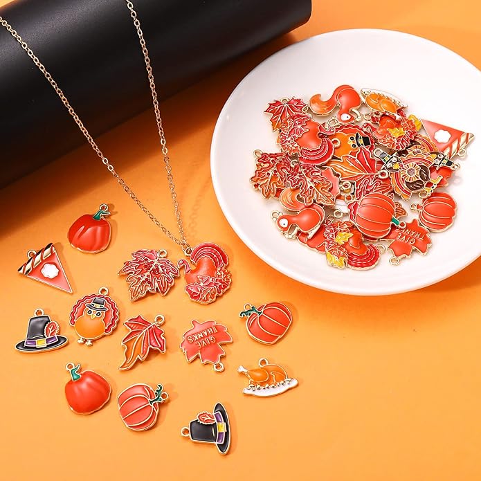 40/50PCS Fall Charms for Jewelry Making, Thanksgiving Pumpkin Maple Leaf Turkey Pendant Charms for DIY Autumn Bracelet Necklace Earrings Crafts