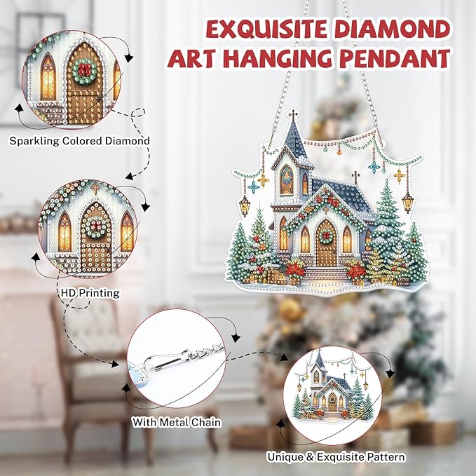 Bowetile Church Diamond Art Hanging Kits for Adults, Christmas Diamond Art Suncatchers, 5D Special Shape Diamond Painting Pendant Window Ornament Christmas Gifts for Home Door Wall Decor