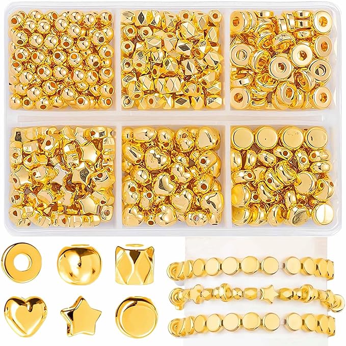 350 Pcs Gold Spacer Beads for Jewelry Making, Sparkly CCB Friendship Bracelet Bead Kits, Assorted Round Heart Star Flat Ring Seed Beads Set for DIY Earring Necklace Crafts Keychain (6 Styles)