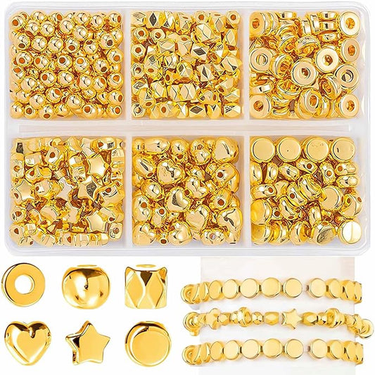 350 Pcs Gold Spacer Beads for Jewelry Making, Sparkly CCB Friendship Bracelet Bead Kits, Assorted Round Heart Star Flat Ring Seed Beads Set for DIY Earring Necklace Crafts Keychain (6 Styles)