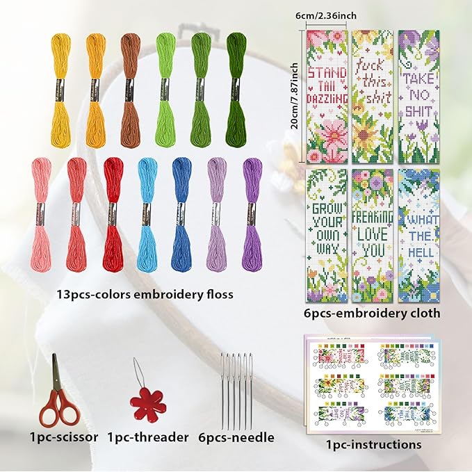 ORIGACH 6 Pcs Cross Stitch Bookmark Kit for Beginner Flowers Sayings DIY Stamped Embroidery Bookmark Kit for Starter Printed Cross Stitch Kits with Instruction for Book Lovers