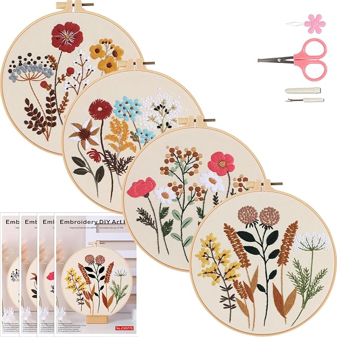 COCOMOX Floral Embroidery Kit, 4 Sets Simple Flower Pattern Embroidery Practice Kits for Beginners Adults, Easy to Follow with Video Instructions