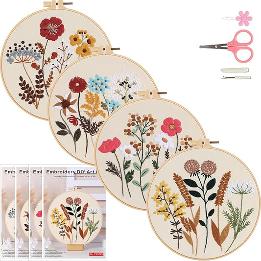 COCOMOX Floral Embroidery Kit, 4 Sets Simple Flower Pattern Embroidery Practice Kits for Beginners Adults, Easy to Follow with Video Instructions