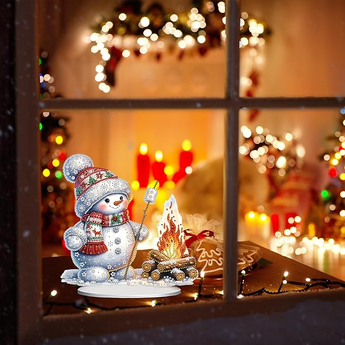 JJFox DIY Tabletop Diamond Art Painting Kit，Special Shaped Rhinestone Desk Placement Ornament，Home Stand Up Gem Painting Craft Kit，Gift，Double Sided. (Christmas Snowman-1)