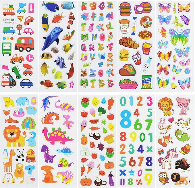 24 sheets(500+) 3d puffy stickers for toddlers kids, bulk preschool sticker sheets for reward, craft, scrapbooking including animal, fruits, dinosaurs, fish and more