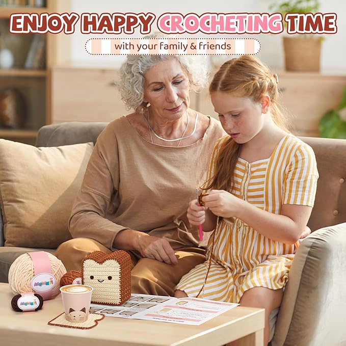Mewaii Crochet Kit for Beginners Level 1 with 40% Extra Eco-Friendly Pre-Started Easy Yarn, Step-by-Step Video Tutorials for Adults and Kids (Toast Coaster)