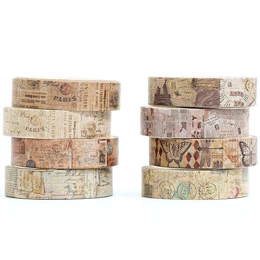 YUBX Vintage Washi Tape Set 8 Rolls Thin Retro Decorative Antique Patterns Masking Tapes for Arts, DIY Crafts, Journals, Planners, Scrapbook, Wrapping (Junk Books)
