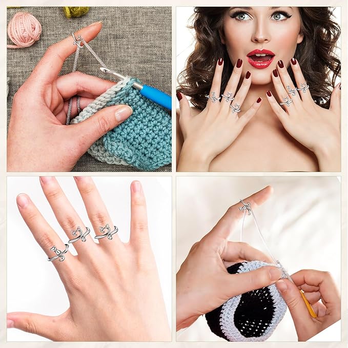 6pcs Knitting Crochet Loop Ring for Fingers Metal Open Yarn Guide Crochet Rings Adjustable Braided Faster Knitting Thimbles Holders Accessories for Crochet Mother Grandma Gifts