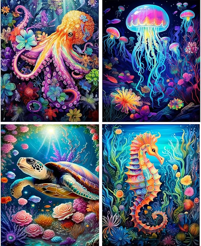 EIBEILI 4 Pack Sea Animals Diamond Painting Kits for Adults, 5D Diamond Art Kits for Beginner DIY Full Drill Diamond Dots Crystal Craft Kits for Home Wall Decor Gifts 11.8x15.7 inch